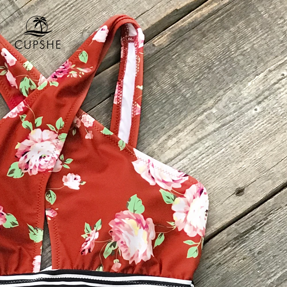 CUPSHE/красный цельный купальник с цветочным и полосатым поясом женские Монокини