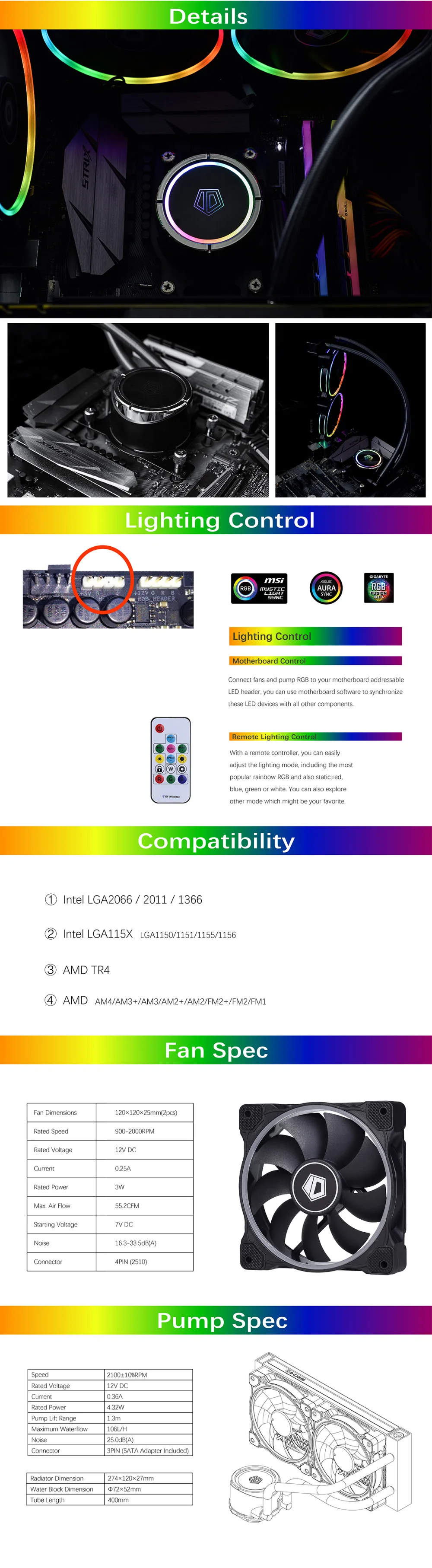 ID-COOLING ZOOMFLOW 240 адресуемый RGB AIO жидкостный охладитель, 240 мм радиатор, 400 мм рукава трубки, 2x120 мм PWM вентиляторы, TR4/AM4/LGA20