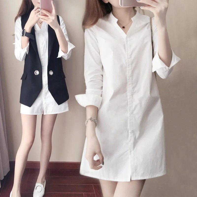 Women Girl Fashion White Long Sleeve V Neckline Slim Shirt Dress | Женская одежда