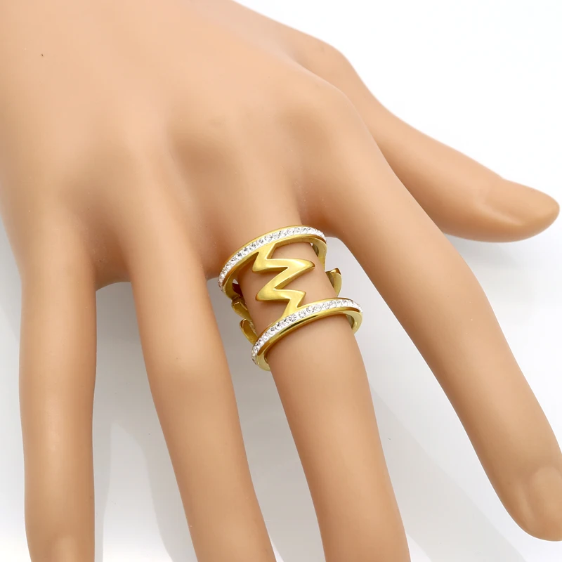 

BORASI Women Wedding Band Electrocardiogram Rings 2017 Jewelry Gold Color Zircon Heart Beat Cocktail Stainless Steel Ring