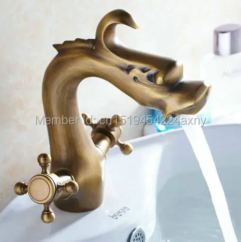 

GIZERO Dragon Design Faucet Antique Copper Bathroom Sink Mixer Dual Handle Control Water Faucet Vanity Sink Mixer Tap GI58