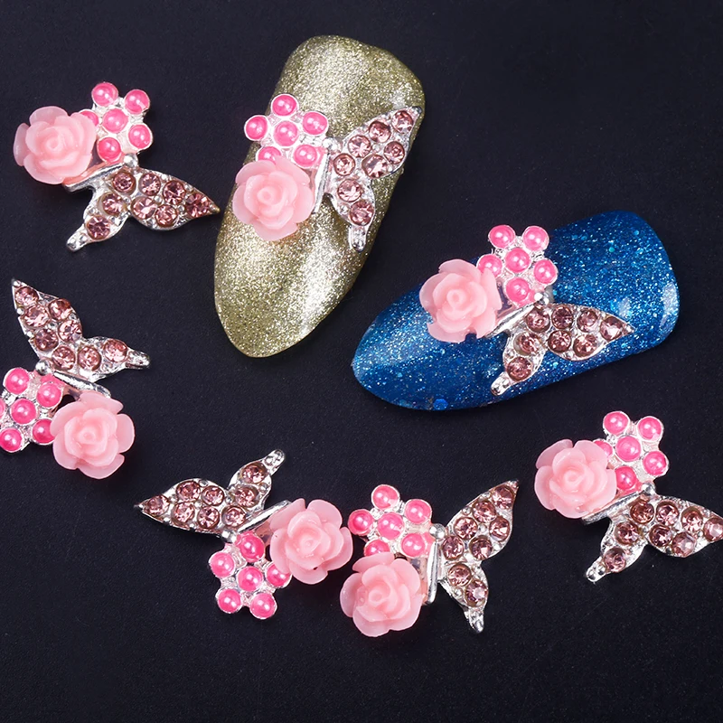 Блестящие 10 шт Стразы бабочки 3d украшения для дизайна ногтей с розой сплав
