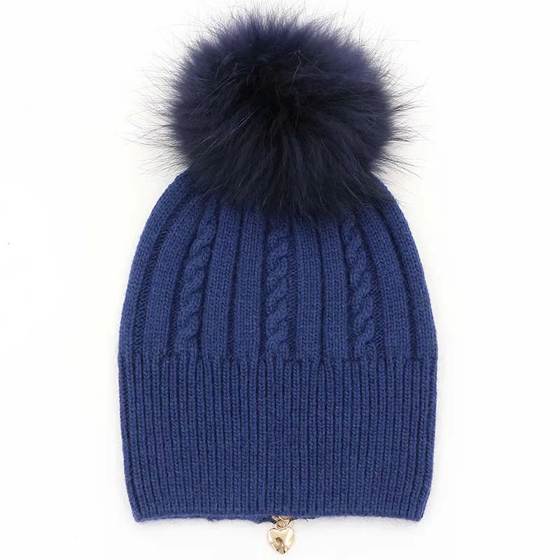 Navy blue Зимние женские шапки на молнии Полосатые зимние шапки шапка женский шерстяной вязаный Skullies Повседневная вязаная шапка с большим помпоном из меха енота - Цвет: Navy blue