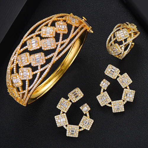 Gold GODKI большая роскошь 3 шт серьги браслет кольцо наборы для Для женщин Свадьба кубического циркония кристалл Обручение Дубай Свадебные украшения комплекты - Окраска металла: Gold