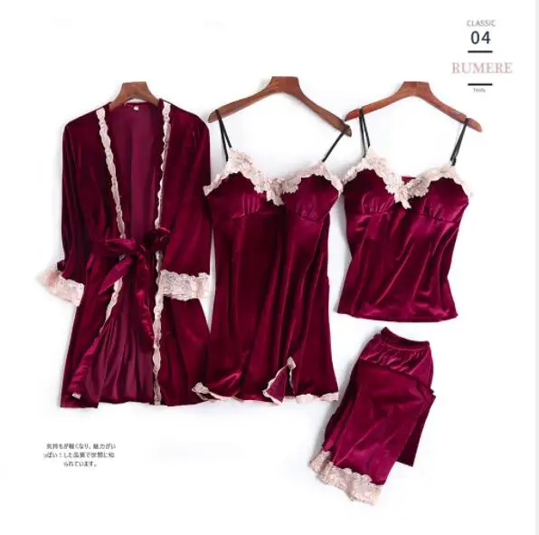 

Women Spring Pajamas Set Pijama Sexy Home Suit Female Gold Velvet 4 Piece Sleepwear Pyjama Femme Tracksuit Night Suit Fdfklak