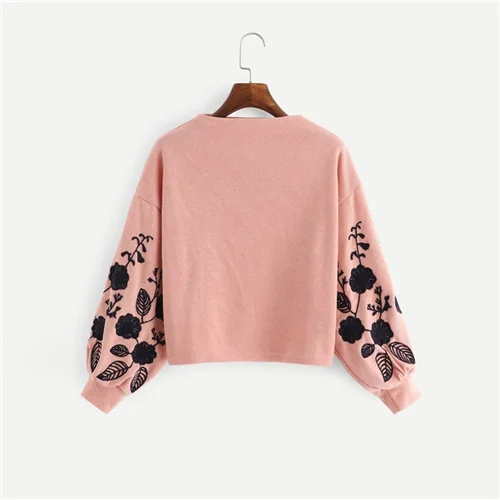 Pink SHEIN Нарядный Свитшот С Контрастной Вышивкой Толстовка я Цветочной Вышивкой - Цвет: Pink