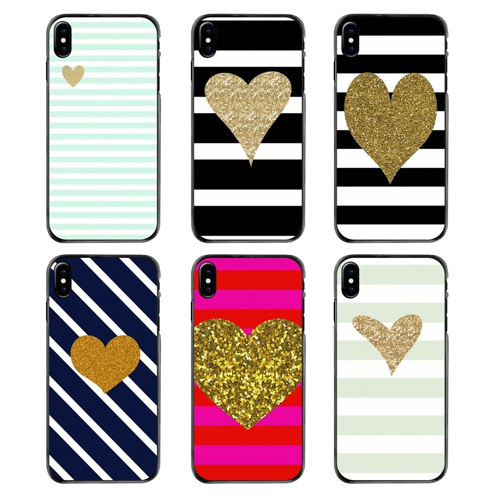 Жесткий кожаный чехол для телефона полосатый золотой с блестящим декором в виде