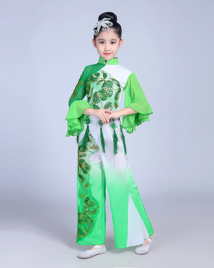 Новая Детская Классическая танцевальная одежда Yangko Jiangnan Umbrella танцевальный веер Женская одежда для выступлений рукава сценические костюмы