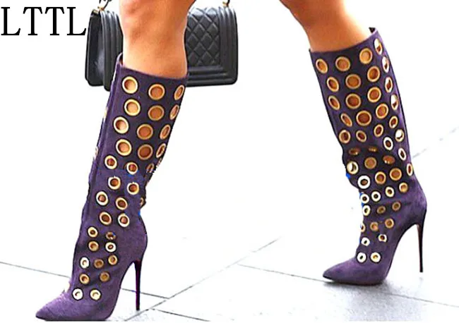LTTL Пикантные женские зимние сапоги до колена ботинки в горошек с вырезами обувь