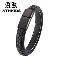 hot mens jewelry braided leather wrap bracelet men male stainless steel magnet bracelets men wrist band gifts pd0012
