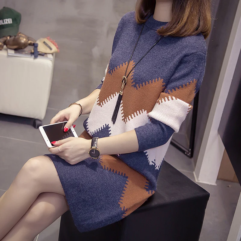 no 5 pattern Зимние пуловеры, свитера,, женская мода, длинный рукав, на каждый день, с принтом, о-образный вырез, в полоску, вязаный свитер, платье, туника, 10323 - Цвет: no 5 pattern