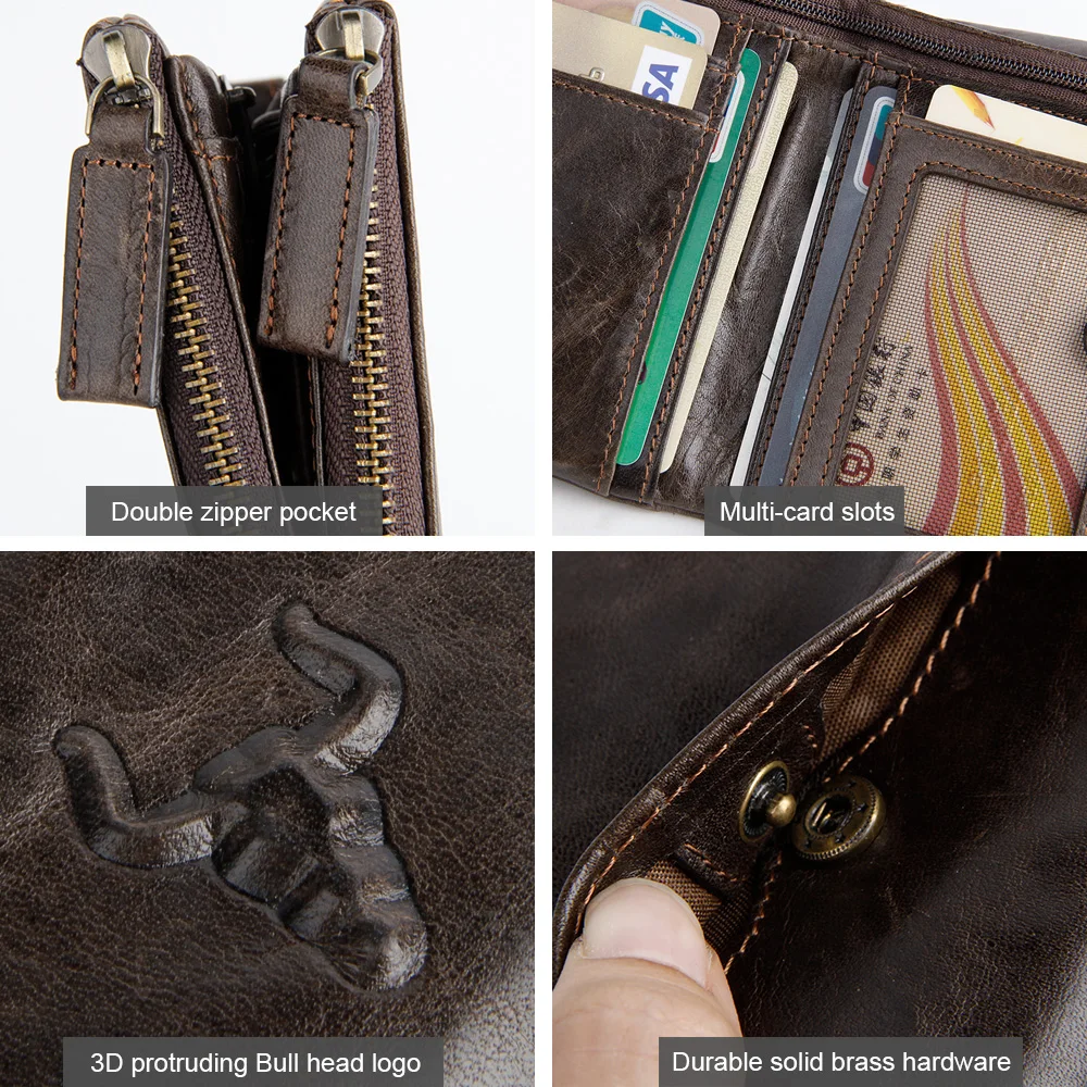 Mingclan Genuine Cowhide Leather Men Wallet Short Coin Purse Small Vintage Wallets Brand High Quality Designer Zipper Pocket