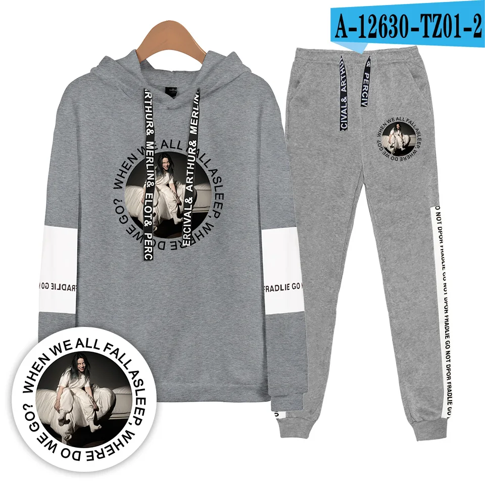 gray Billieeilish billie eilish Женский комплект 2 шт. толстовки в стиле хип-хоп женские/мужские модные крутые повседневные спортивные костюмы с капюшоном - Цвет: gray