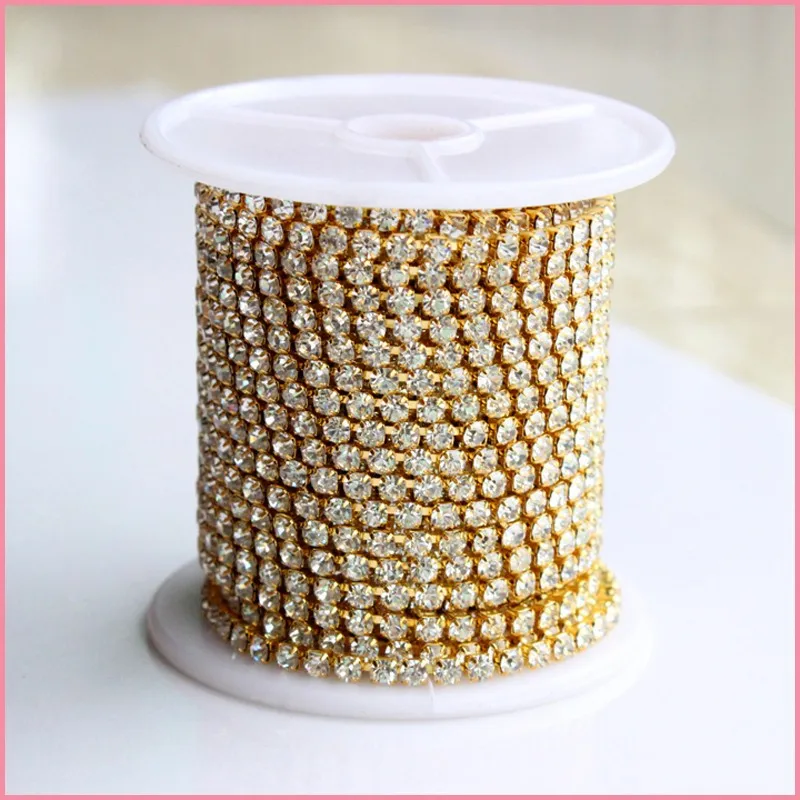 5mm gold crystal color of cup chain rhinestone trimming ;crystal stones chain rolls size 5mm gold base with clear color 10 yards