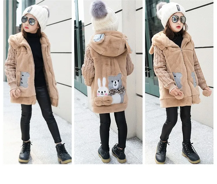 Зимнее флисовое пальто для девочек с милым кроличьим медведем теплая куртка
