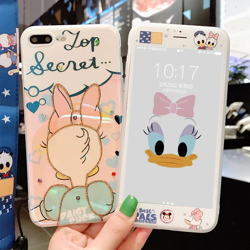 For iPhone 8/7 plus case XS MAX cute Daisy duck cover X/XR &amp tempered glass film for 6 6s+ bling shell girl gift + strap |