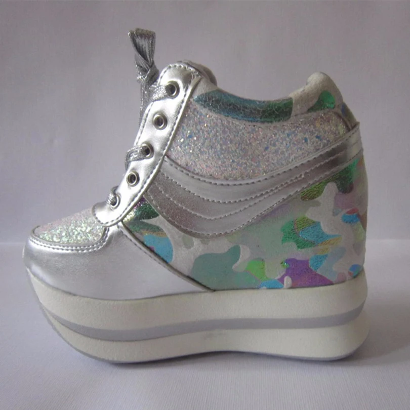 BANGJIAO New Fashion Bling High Heels Lady Casual Shoes Ladies Wedge Platform Sneakers Women 11CM Dwing Dlimming Shoes