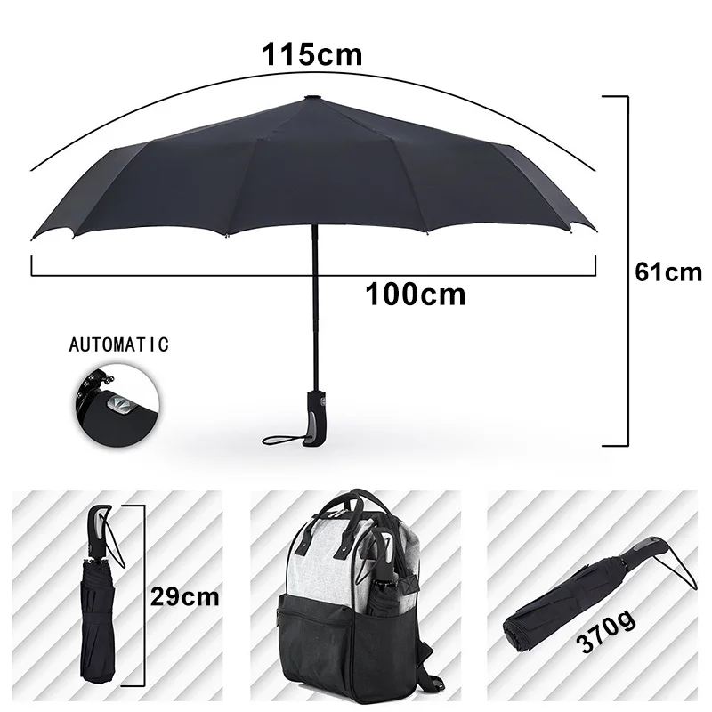 TOPX Big Leather Handle 10 Rib Strong Automatic Umbrella Rain Women Wind Resistant Men Black 3Folding Male Umbrellas Paraguas | Дом и сад