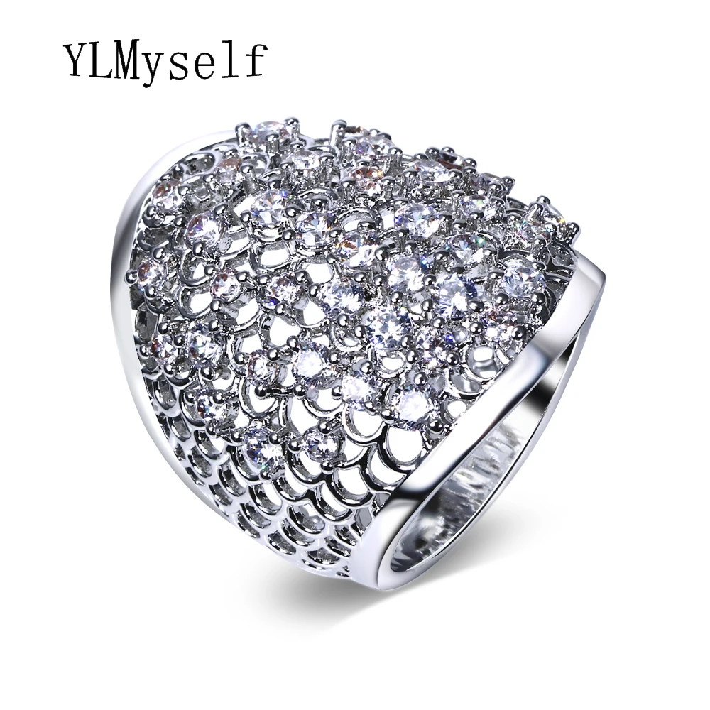 Кольцо женское модное широкое дизайнерское с кристаллами белого цвета|fashion jewelry