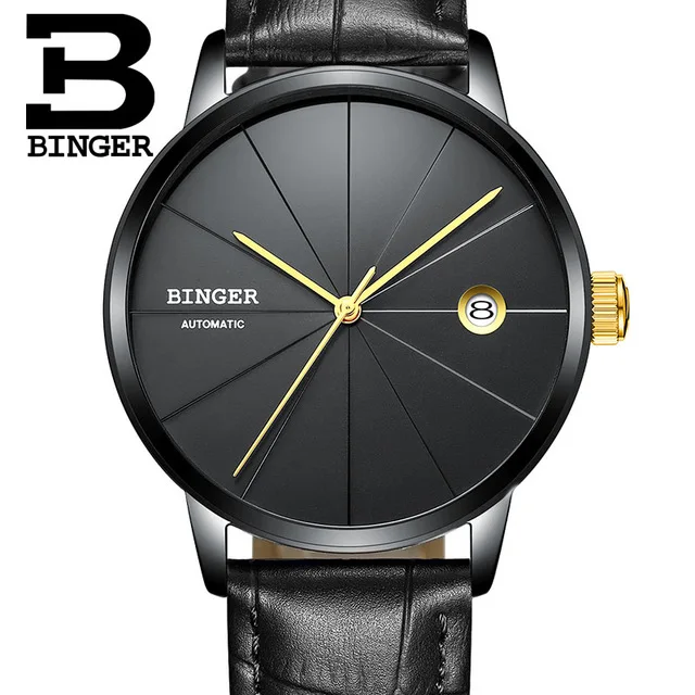Leather Black Gold Switzerland BINGER мужские часы Топ люксовый бренд Япония Seiko автоматическое механическое движение часы досуг бизнес синий horloges - Цвет: Leather Black Gold