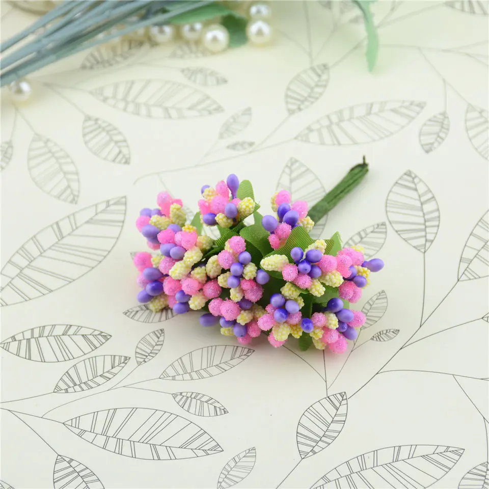 Pink and purple 12 шт./лот, вечерние Искусственные цветы тутового цвета, стебель проволоки/брачные тычинки и листья, сделай сам, венок, Свадебная коробка, украшение, искусственный цветок - Цвет: Pink and purple