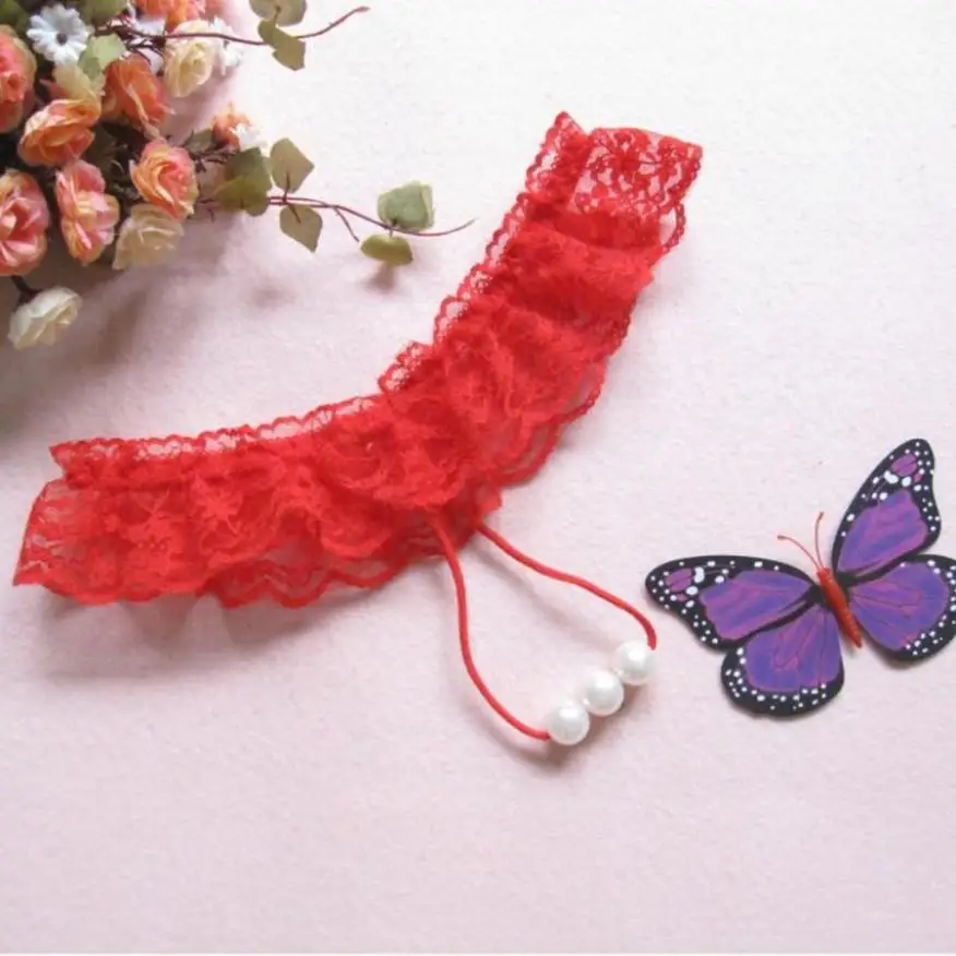 Женские прозрачные трусы FEITONG кружевные стринги с жемчугом # LREO|string underwear