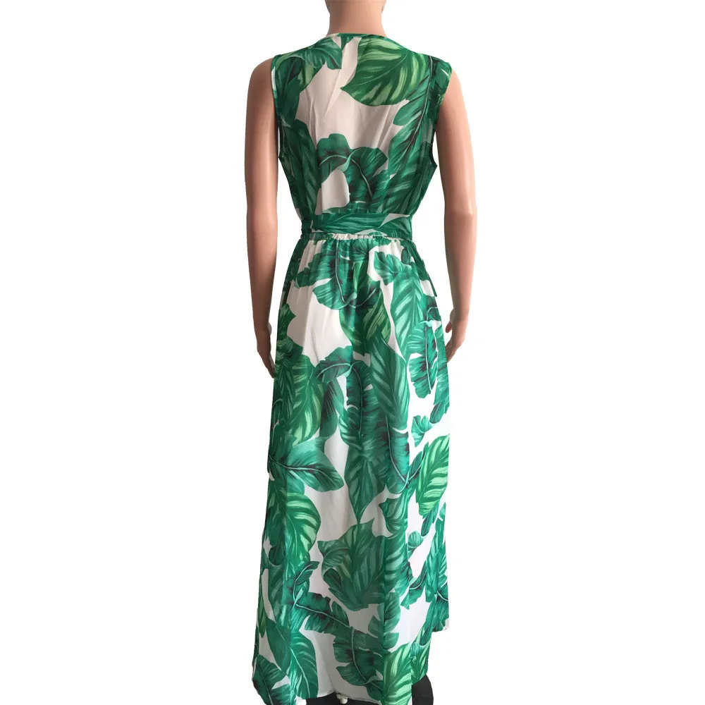CHAMSGEND dress summer women long Sleeveless Stylish Chiffon With Belt V-Neck Printed Floral Maxi Dresses G0416#10 | Женская одежда