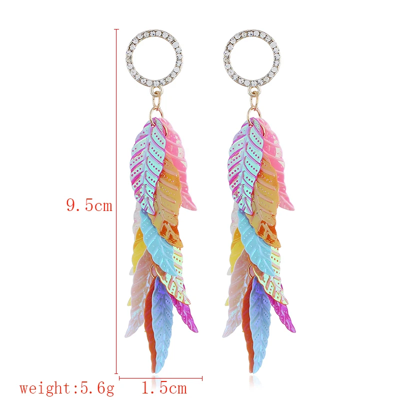 

2018 New Design Shiny Sequin Earrings Feather Shape Acrylic Long Tassel Crystal Drop Earrings Summer Jewelry Girl Bijoux