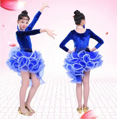 

Free shipping blue pink 110-160cm rumba latin dance dress tango samba competition stage professional girl child dress costume