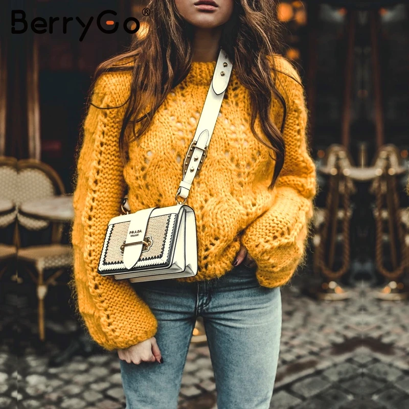 BerryGo вязанный зимний женский свитер с круглым вырезом и рукавом-фонариком