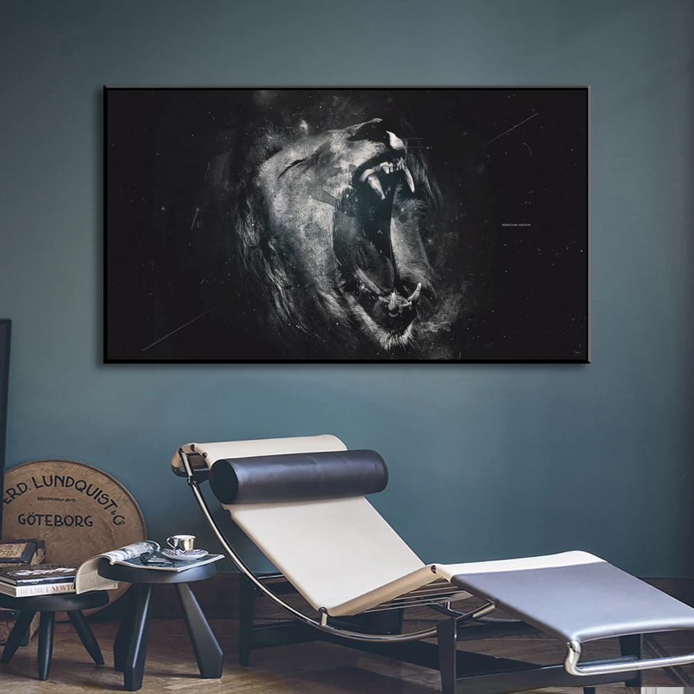 Черно белый лев рев Wall Art принты и Плакаты животных живопись на холсте