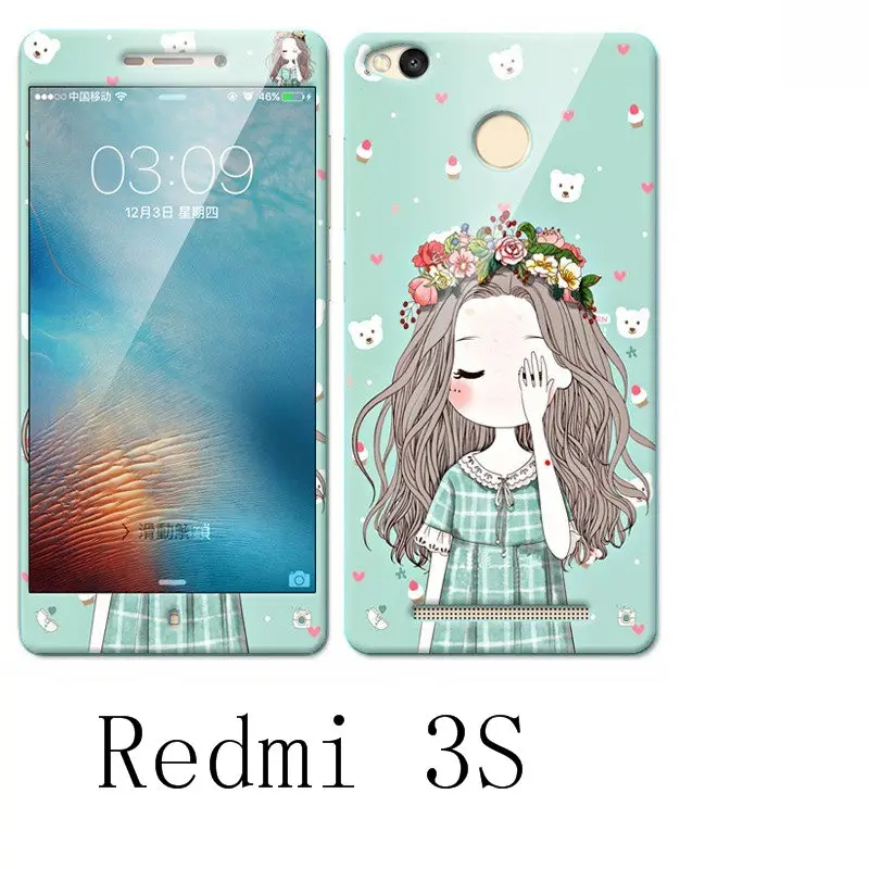 Силиконовый чехол для Xiaomi redmi 3 S цветное закаленное стекло с принтом + мягкий из