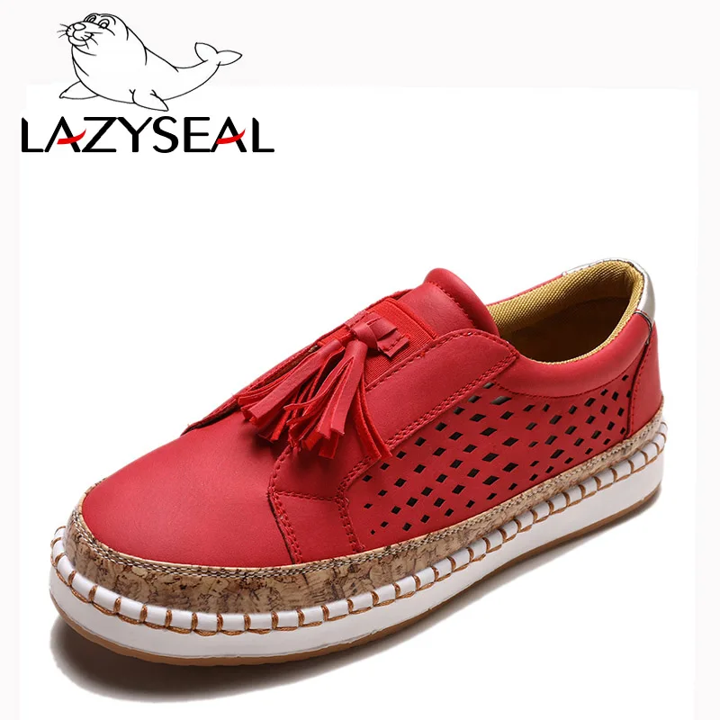 LazySeal, новая летняя женская обувь на плоской подошве с перфорацией женская повседневная обувь для девушек, дышащая обувь без шнуровки, большой размер 43 - Цвет: Red-2