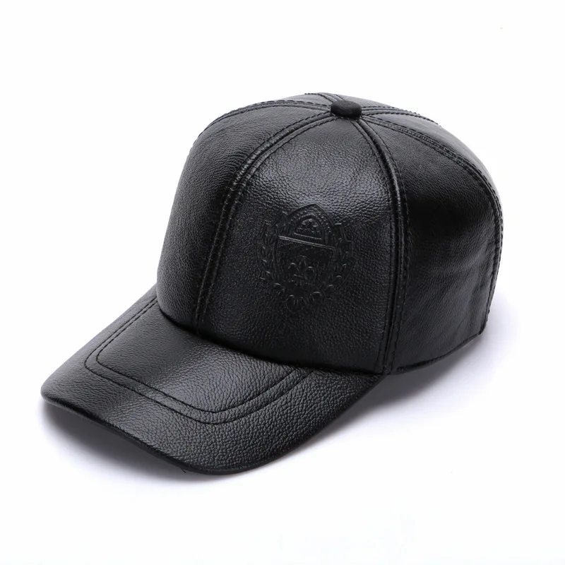 

New Cowhide Leather Baseball Caps Middle age Mens Snapbacks Solid Color Ear Flap Patchwork Dad Cap for Men Hat