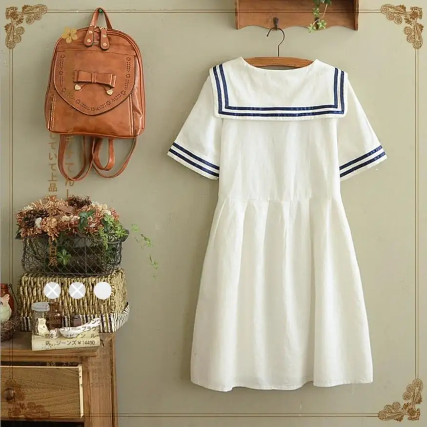 Japanese Mori Girl navy wind stripe streamer short sleeve bow dress female 2018 summer new slim was thin O-neck cotton dressL402 | Женская