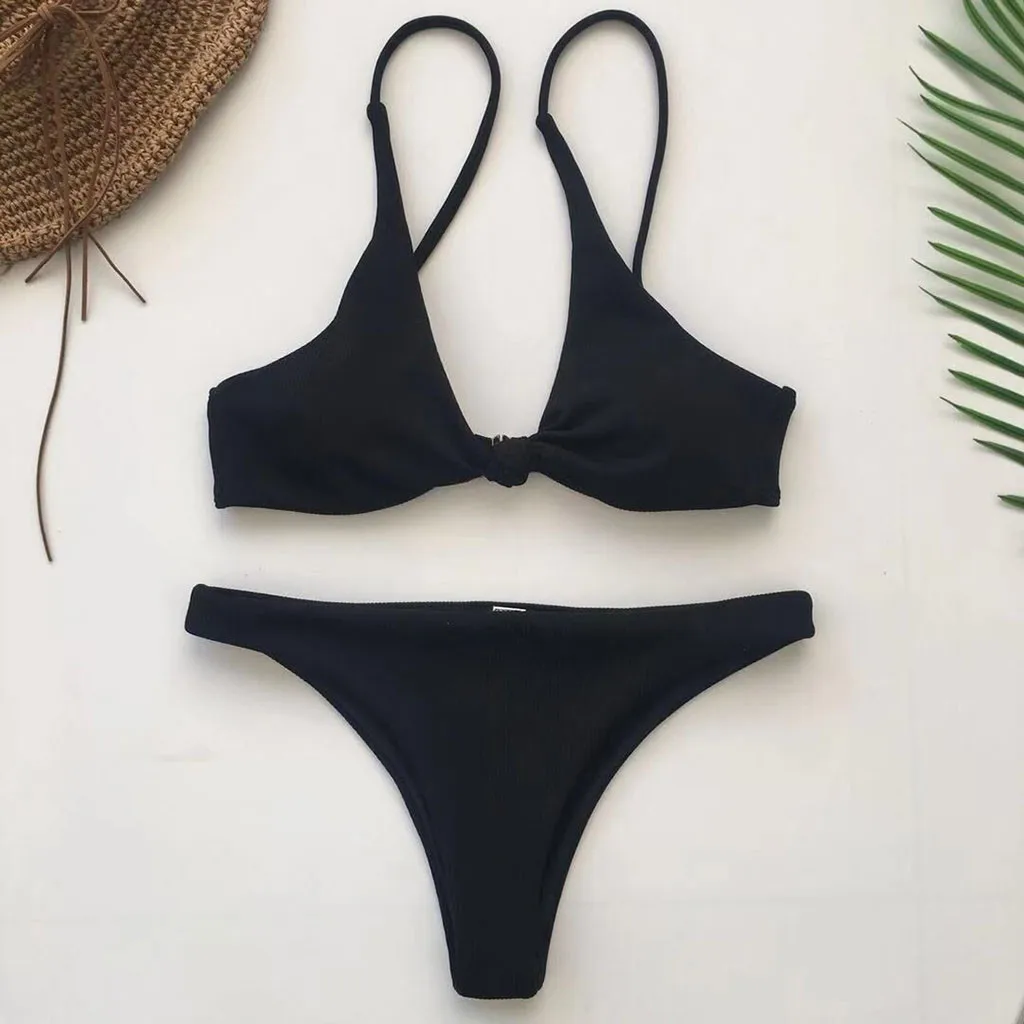 Bow Solid color bikini sexy Large V neckline High waist Briefs 2019 women Biquini multiple colour Push Up Swimwear high |