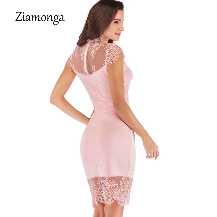 Ziamonga 2018 новый тонкий миди кружево лоскутное карандаш Bodycon платье короткий рукав