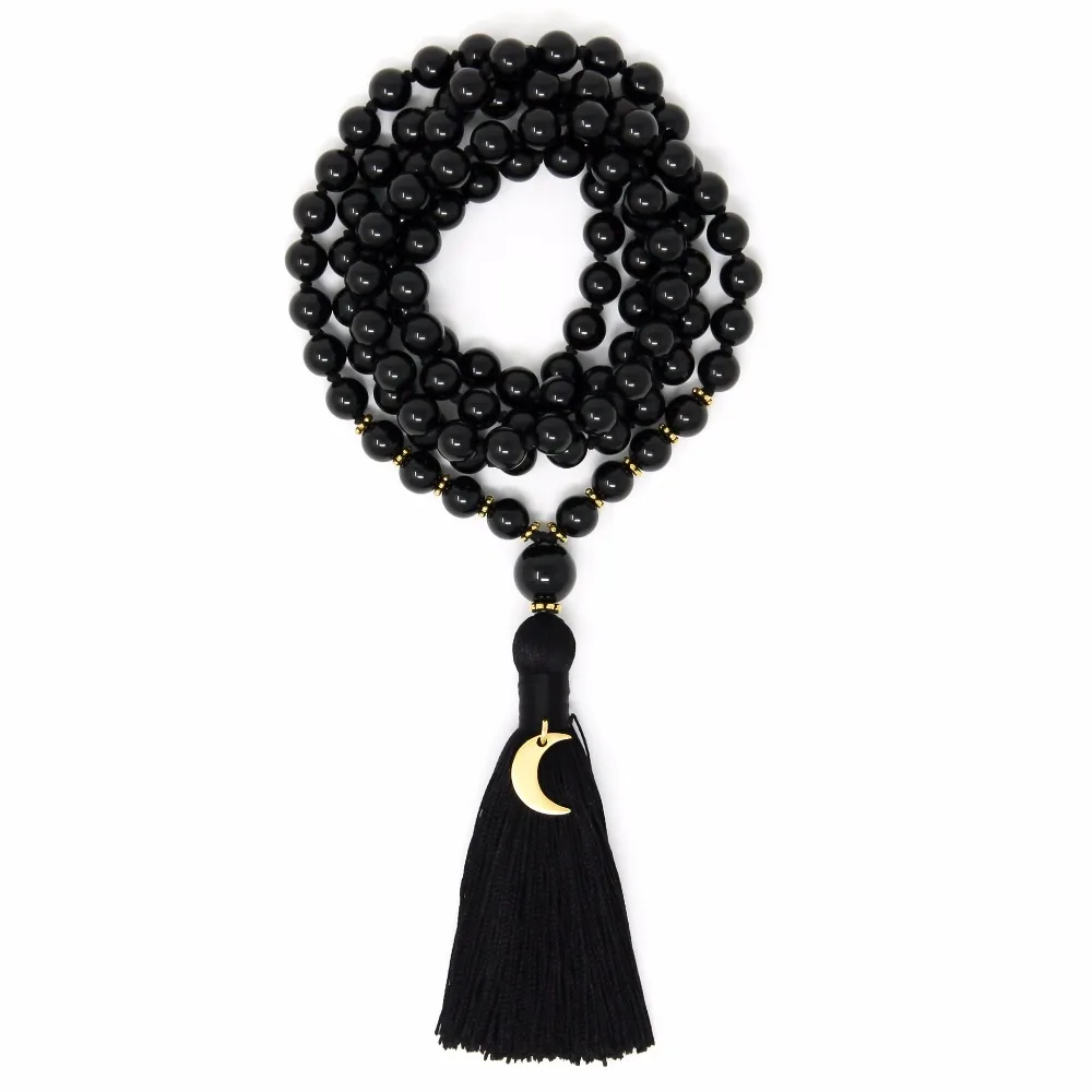 108 mala beads Necklaces Black Onyx necklace Hand Knotted tassel Necklace Fashion Men's Yoga Mala Prayer Bead | Украшения и