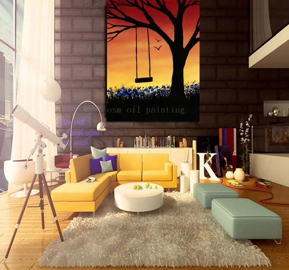 Ручная роспись Дерево качели современный восход пейзаж живопись летний работа