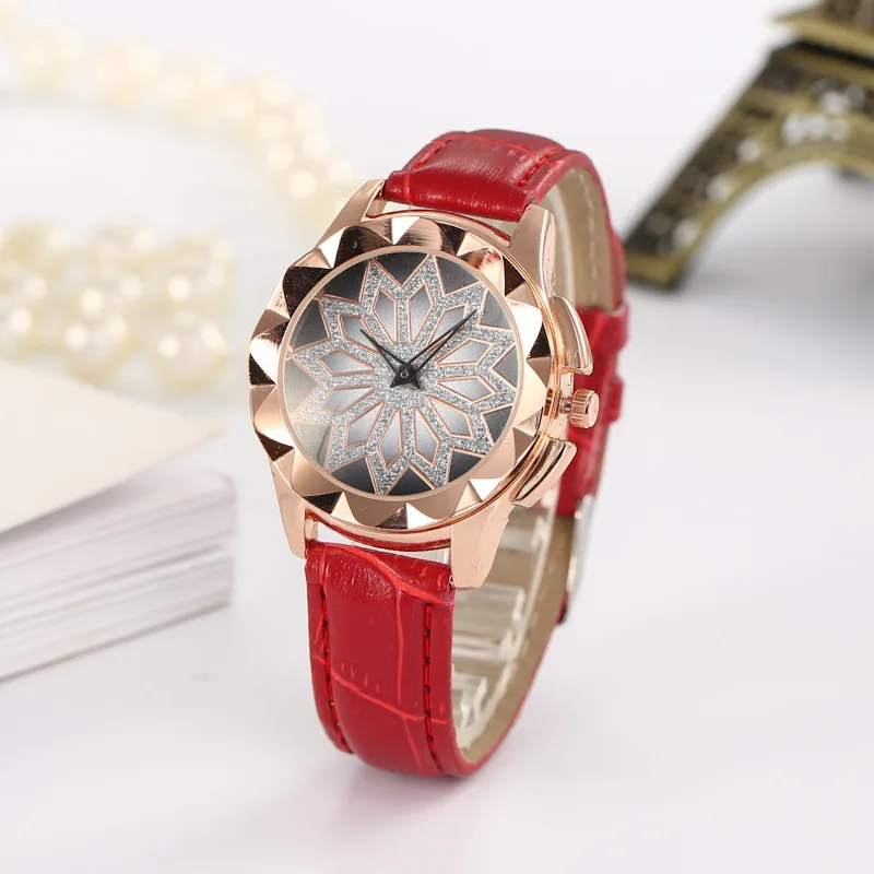 Leather Red Для женщин наручные часы роскошные стразы Для женщин часы, модные, с цветочным принтом «розы»; цвет золотистый; женские кварцевые часы женские часы Relogio Feminino - Цвет: Leather Red