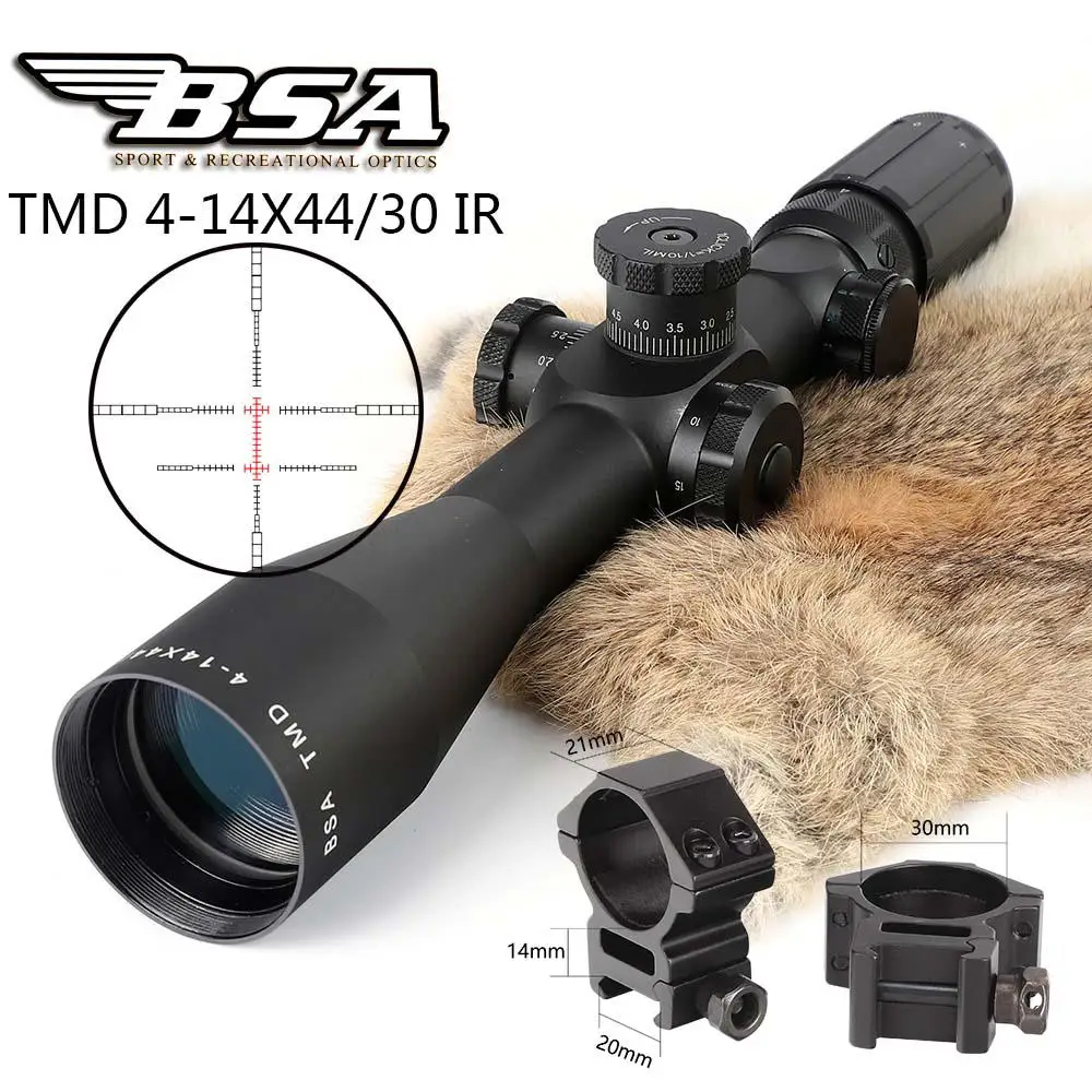 Med Picatinny Rings BSA TMD 4-14X44 IR первая фокальная плоскость охотничий прицел Боковая регулировка параллакса стекло травление сетка подсветкой FFP тактический Оптический вздох - Цвет: Med Picatinny Rings