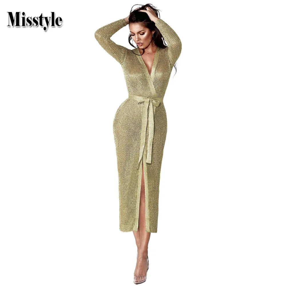 Misstyle Сексуальная розовое золото блеск вязаный кардиган длинное платье Для