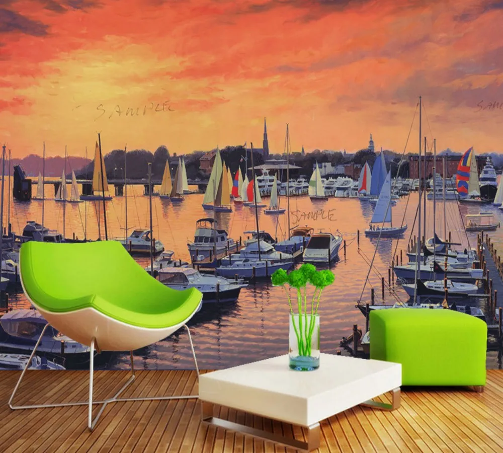 Бесплатная доставка Красивый пейзаж Морская яхта ТВ Задний фон Настенная обои на заказ 3D Ретро Ресторанный муравейник.
