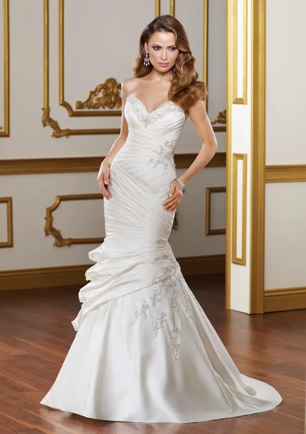 2015Elegant Beautiful High Quality Royal Mermaid Sweetheart-neck Strapless Satin with Silvery Embroidery Wedding Gowns | Свадьбы и