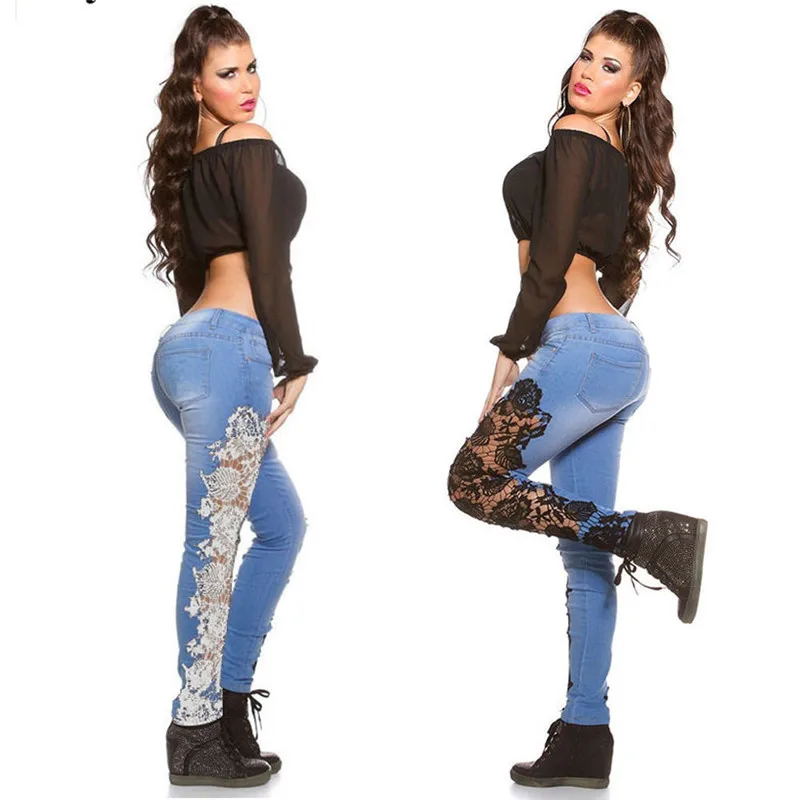 2018 Новый Для женщин Slim Fit Stretch Джинсовые штаны кружевные обтягивающие леггинсы