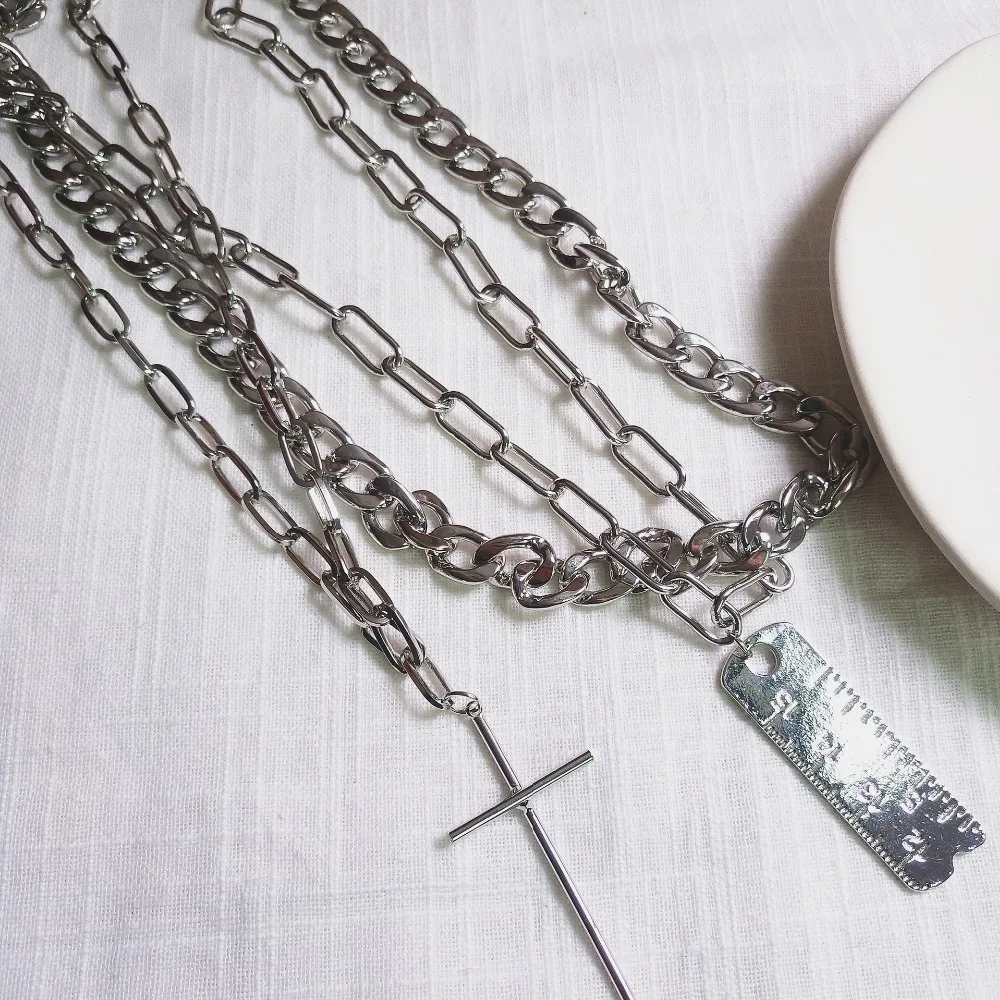 Rongho Hiphop Multi chains Cross chokers necklaces for Women metal Ruler pendant necklace lovers party chunky bijoux | Украшения и
