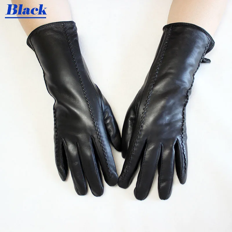 Черный Leather gloves women's sheepskin gloves long stripe style plus velvet warm autumn and winter windproof gloves free shipping - Цвет: Черный