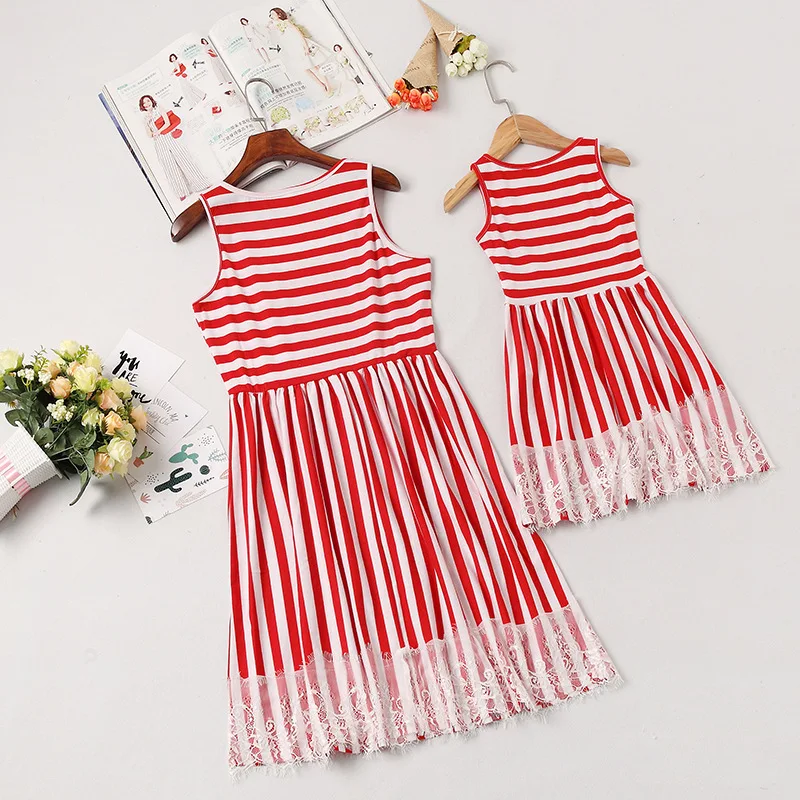 YorkZaler Одинаковая одежда для семьи Модные Красные Полосатые платья мамы и дочки