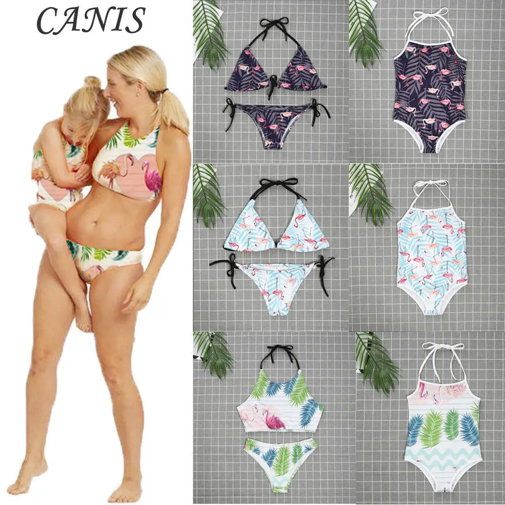 Семейные комплекты купальник для женщин Фламинго печати купальники малышек