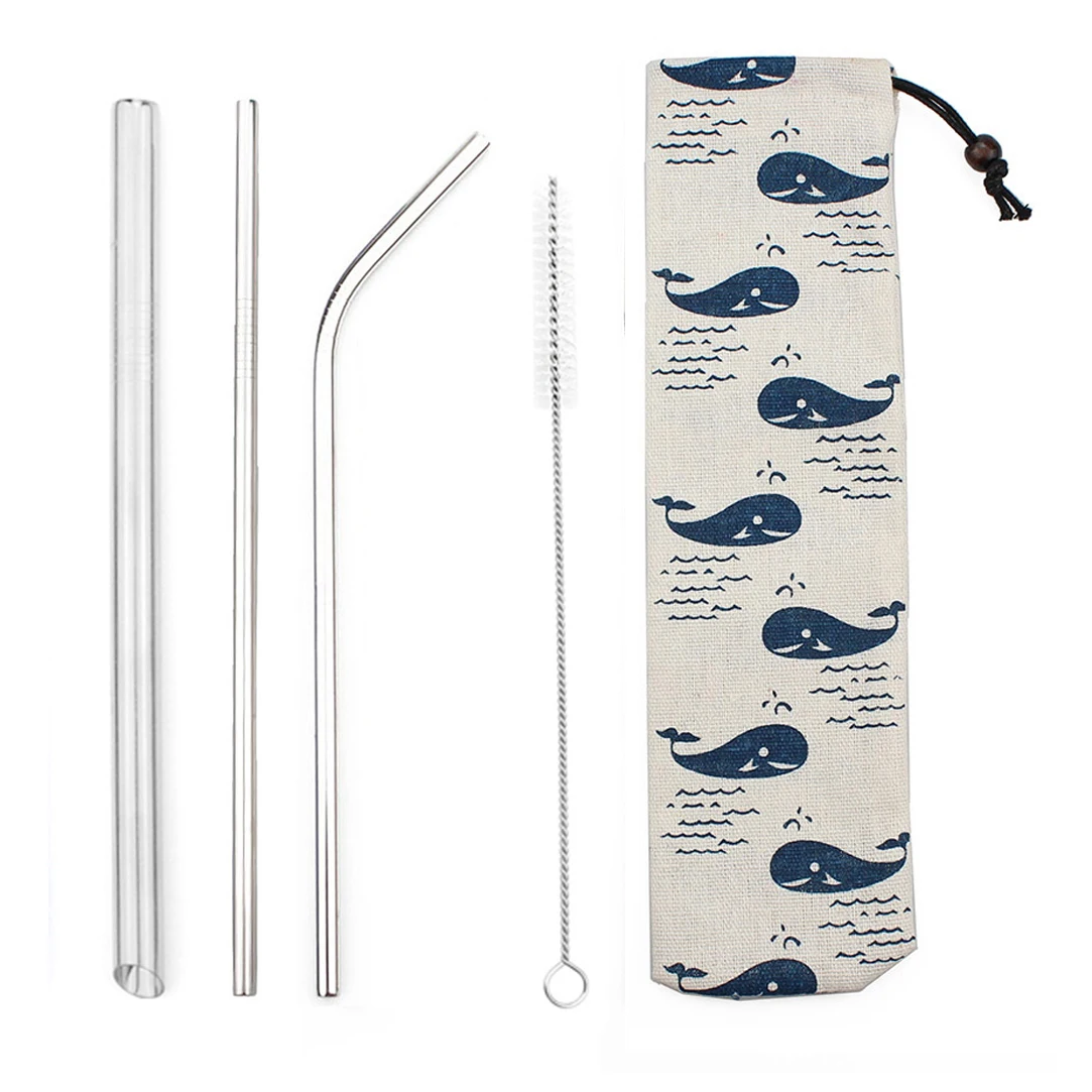 Silver 5pcs Reusable 304 Stainless Steel Rainbow Straw Metal Smoothies Drinking Straight Straws Silicone Cover with Brush Bag Wholesale - Цвет: Silver